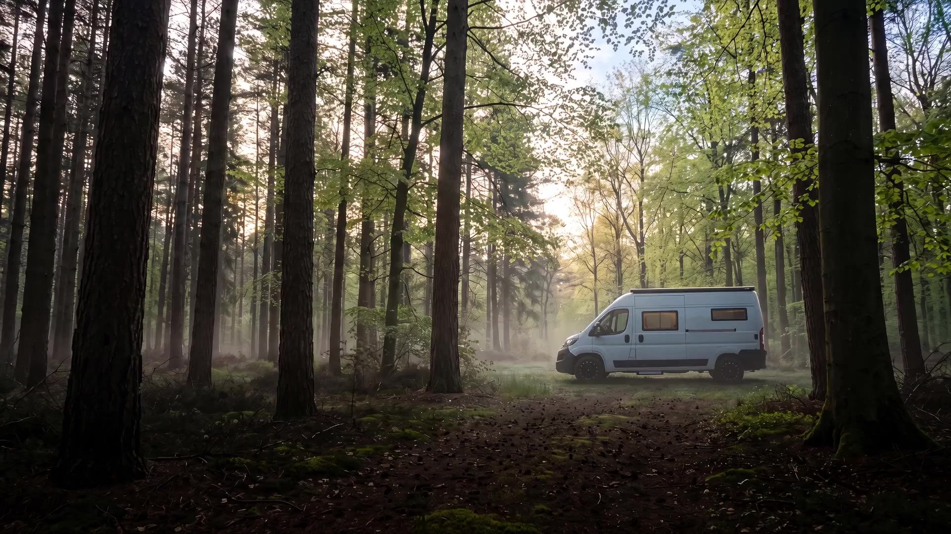The GORA van in a misty forest clearing, morning light